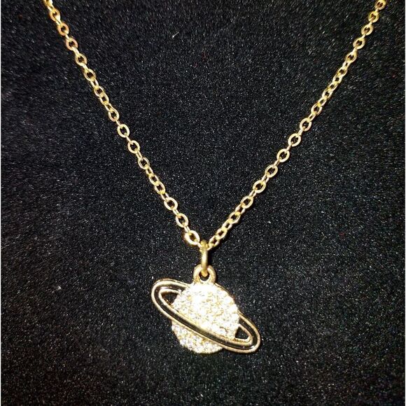 GOLD PLATED DIAMOND SATURN UNISEX PENDANT NECKLACE WITH INSPIRATIONAL CARD - Picture 10 of 12